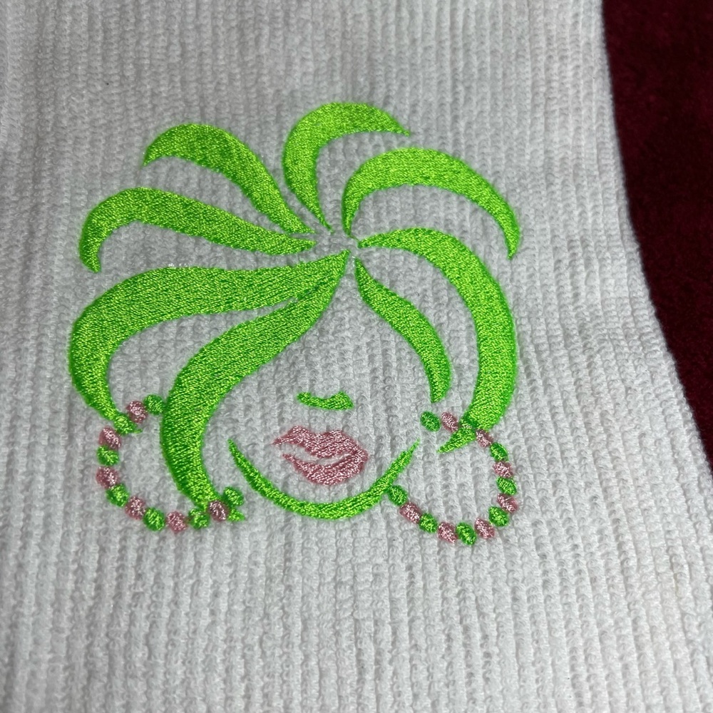 COPY - Green Girl Sorority Pink Embroidered Kitchen Towel-on white towel